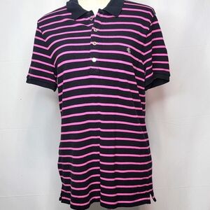Lauren Ralph Lauren Black/Fuschia Striped‎ Polo Top. Size L. #294